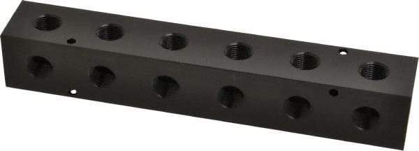 Made in USA - 1/2" Inlet, 3/8" Outlet Manifold - 9-1/4" Long x 1-1/2" Wide x 1-1/2" High, 0.2" Mount Hole, 2 Inlet Ports, 6 Outlet Ports - Apex Tool & Supply