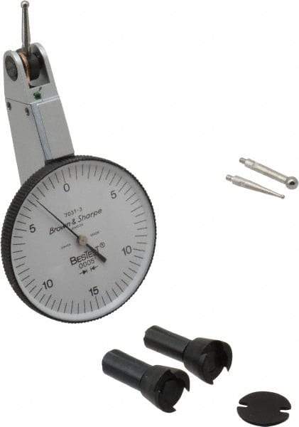 TESA Brown & Sharpe - 0.03 Inch Range, 0.0005 Inch Dial Graduation, Horizontal Dial Test Indicator - 1-1/2 Inch White Dial, 0-15-0 Dial Reading, Accurate to 0.0005 Inch - Apex Tool & Supply