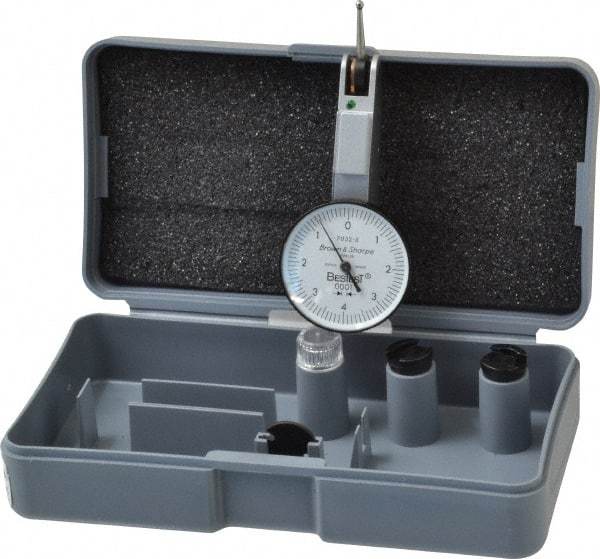 TESA Brown & Sharpe - 0.008 Inch Range, 0.0001 Inch Dial Graduation, Horizontal Dial Test Indicator - 1 Inch White Dial, 0-4-0 Dial Reading, Accurate to 0.0001 Inch - Apex Tool & Supply