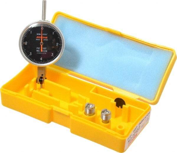 Peacock - 0.008 Inch Range, 0.0001 Inch Dial Graduation, Horizontal Dial Test Indicator - 1-53/64 Inch Black Dial, 0-4-0 Dial Reading, Accurate to 0.0003 Inch - Apex Tool & Supply