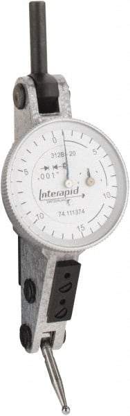 INTERAPID - 0.06 Inch Range, 0.001 Inch Dial Graduation, Horizontal Dial Test Indicator - 1.2 Inch White Dial, 0-15-0 Dial Reading - Apex Tool & Supply