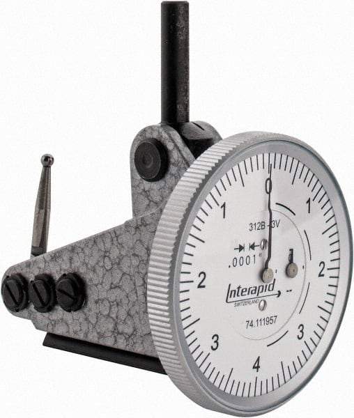 INTERAPID - 0.016 Inch Range, 0.0001 Inch Dial Graduation, Vertical Dial Test Indicator - 1-1/2 Inch White Dial, 0-4-0 Dial Reading - Apex Tool & Supply