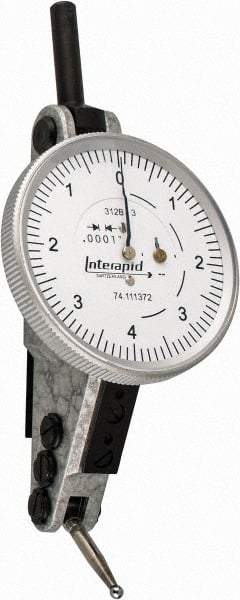 INTERAPID - 0.016 Inch Range, 0.0001 Inch Dial Graduation, Horizontal Dial Test Indicator - 1-1/2 Inch White Dial, 0-4-0 Dial Reading - Apex Tool & Supply