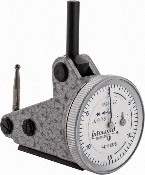 INTERAPID - 0.06 Inch Range, 0.0005 Inch Dial Graduation, Vertical Dial Test Indicator - 1.2 Inch White Dial, 0-15-0 Dial Reading - Apex Tool & Supply