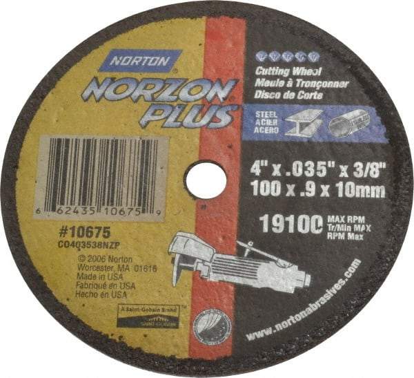 Norton - 4" Ceramic Cutoff Wheel - 0.035" Thick, 3/8" Arbor, 19,100 Max RPM, Use with Die Grinders - Apex Tool & Supply