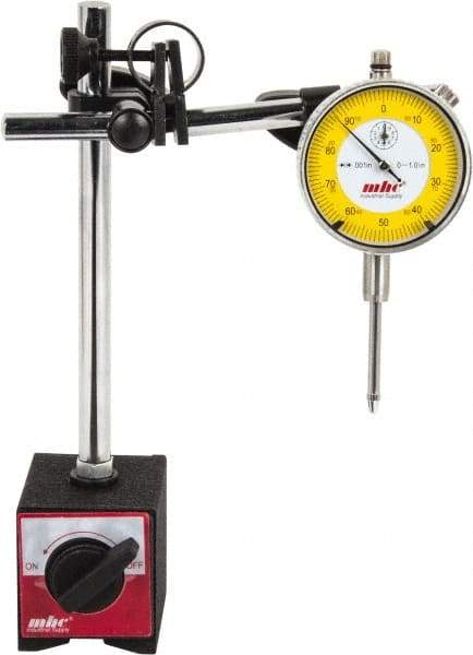Value Collection - 0.001" Graduation, 0-100 Dial Reading, Indicator & Base Kit - 63mm Base Length x 50mm Base Width x 55mm Base Height, 2-9/32" Dial Diam - Apex Tool & Supply
