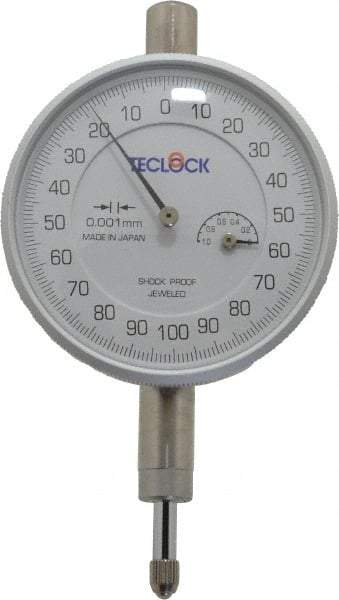 Teclock - 1mm Range, 0-100-0 Dial Reading, 0.001mm Graduation Dial Drop Indicator - 2-13/64" Dial, Revolution Counter - Apex Tool & Supply