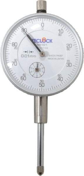 Teclock - 25mm Range, 0-100 Dial Reading, 0.01" Graduation Dial Drop Indicator - 2-11/64" Dial, 1" Range per Revolution, 0.03" Accuracy, Revolution Counter - Apex Tool & Supply