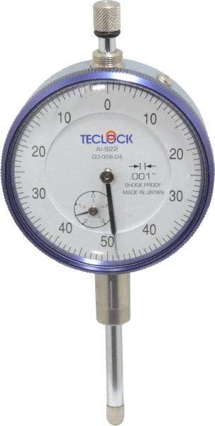 Teclock - 1" Range, 0-50-0 Dial Reading, 0.001" Graduation Dial Drop Indicator - 2-11/64" Dial, 0.1" Range per Revolution, 0.0014" Accuracy, Revolution Counter - Apex Tool & Supply
