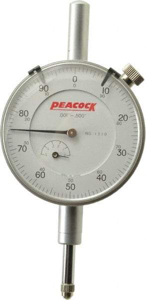 Peacock - 1/2" Range, 0-100 Dial Reading, 0.001" Graduation Dial Drop Indicator - 2-3/64" Dial, 0.001" Accuracy, Revolution Counter - Apex Tool & Supply