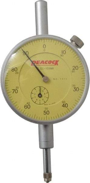 Peacock - 10mm Range, 0-100 Dial Reading, 0.01mm Graduation Dial Drop Indicator - 2-3/64" Dial, Revolution Counter - Apex Tool & Supply