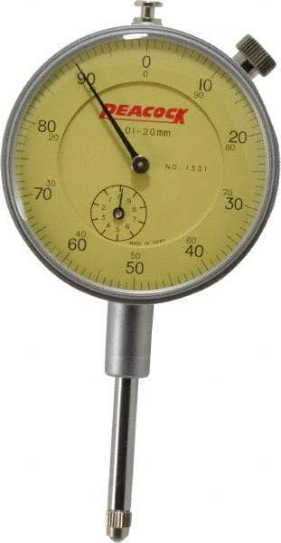 Peacock - 20mm Range, 0-100 Dial Reading, 0.01mm Graduation Dial Drop Indicator - 2-3/64" Dial, Revolution Counter - Apex Tool & Supply