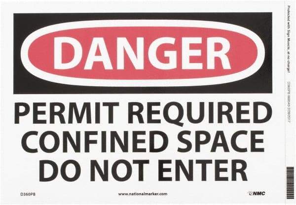 NMC - "Danger - Permit Required - Confined Space - Do Not Enter", 10" Long x 14" Wide, Pressure-Sensitive Vinyl Safety Sign - Rectangle, 0.004" Thick, Use for Accident Prevention - Apex Tool & Supply