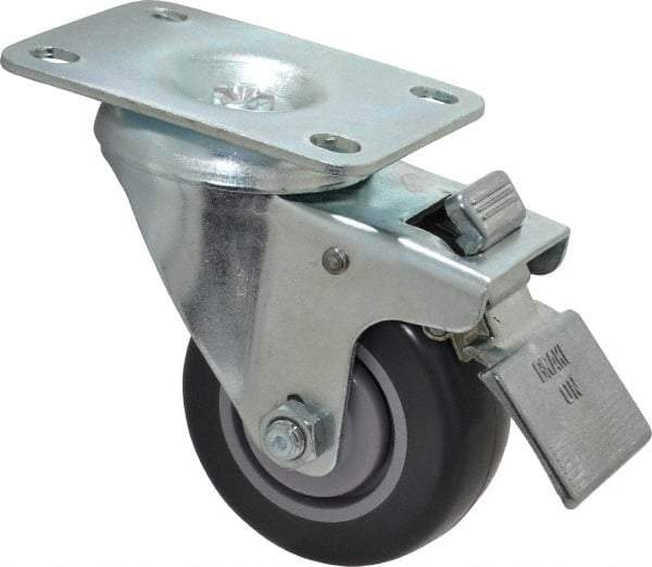 Shepherd - 3" Diam x 1-1/4" Wide x 4-1/4" OAH Top Plate Mount Swivel Caster with Brake - Polyurethane, 185 Lb Capacity, Ball Bearing, 2-5/8 x 3-3/4" Plate - Apex Tool & Supply