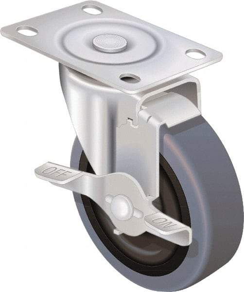 Shepherd - 4" Diam x 15/16" Wide x 4-3/4" OAH Stem Mount Swivel Caster with Brake - Polyolefin, 150 Lb Capacity, Plain Bore Bearing, 1/2-13 x 1-1/2" Threaded Stem - Apex Tool & Supply
