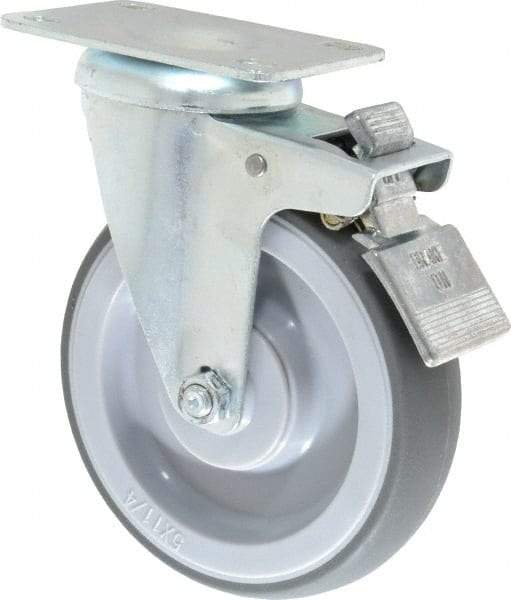 Shepherd - 5" Diam x 1-1/4" Wide x 6-1/4" OAH Top Plate Mount Swivel Caster with Brake - TPR, 200 Lb Capacity, Ball Bearing, 2-5/8 x 3-3/4" Plate - Apex Tool & Supply