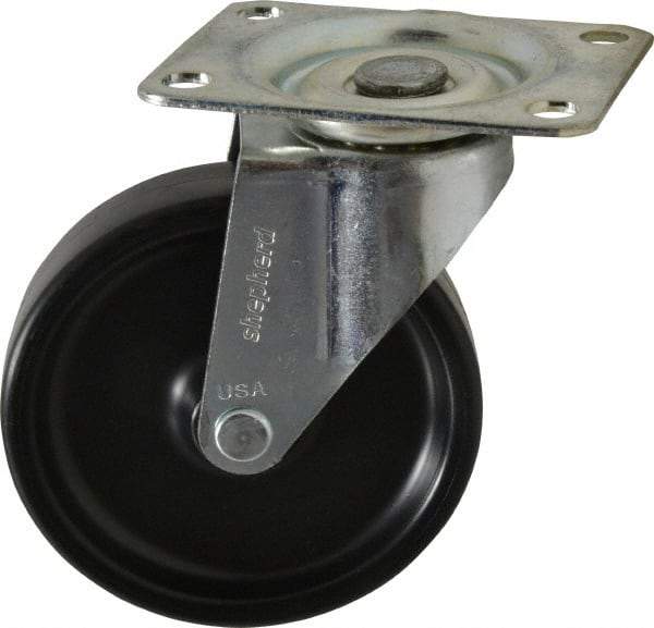Shepherd - 4" Diam x 15/16" Wide x 4-3/4" OAH Top Plate Mount Swivel Caster - Polyolefin, 150 Lb Capacity, Plain Bearing, 2-5/8 x 3-3/4" Plate - Apex Tool & Supply
