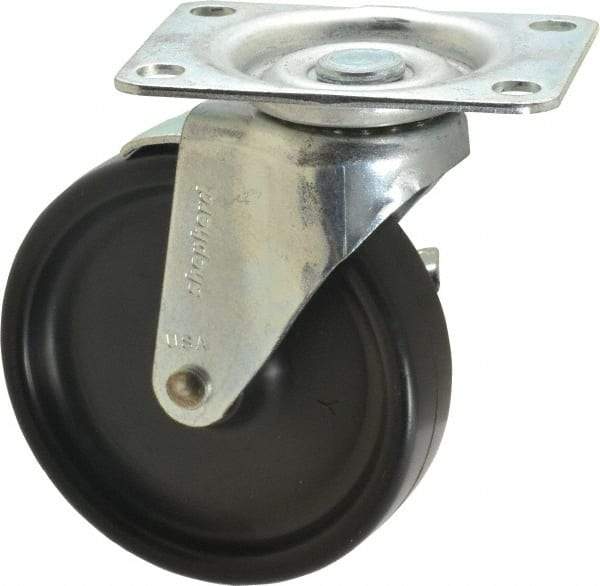 Shepherd - 4" Diam x 15/16" Wide x 4-3/4" OAH Top Plate Mount Swivel Caster with Brake - Polyolefin, 150 Lb Capacity, Plain Bearing, 2-5/8 x 3-3/4" Plate - Apex Tool & Supply