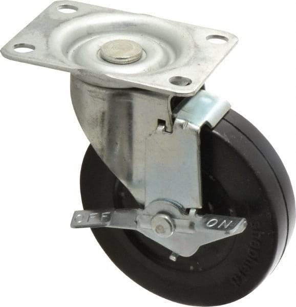 Shepherd - 4" Diam x 15/16" Wide x 4-3/4" OAH Top Plate Mount Swivel Caster with Brake - Soft Rubber, 125 Lb Capacity, Nylon Bearing, 2-5/8 x 3-3/4" Plate - Apex Tool & Supply