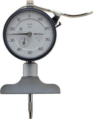 Mitutoyo - 0 to 8 Inch Range, Carbide Tipped Ball Point, White Dial Depth Gage - 0.001 Inch Graduation, 0.002 Inch Accuracy, 1 Inch Travel, 2-1/2 Inch Base Measuring Length - Apex Tool & Supply