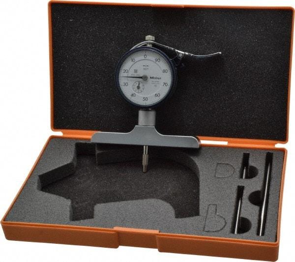 Mitutoyo - 0 to 8 Inch Range, Carbide Tipped Ball Point, White Dial Depth Gage - 0.001 Inch Graduation, 0.002 Inch Accuracy, 1 Inch Travel, 4 Inch Base Measuring Length - Apex Tool & Supply