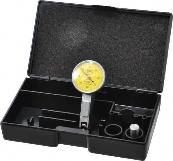 Mahr - 0.4 mm Range, 0.01 mm Dial Graduation, Horizontal Dial Test Indicator - 27.5 mm Yellow Dial, 0-40-0 Dial Reading - Apex Tool & Supply