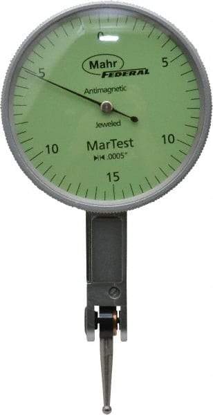 Mahr - 0.015 Inch Range, 0.0005 Inch Dial Graduation, Horizontal Dial Test Indicator - 1-1/2 Inch Green Dial, 0-15-0 Dial Reading - Apex Tool & Supply