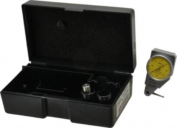 Mahr - 0.4 mm Range, 0.01 mm Dial Graduation, Horizontal Dial Test Indicator - 27.5 mm Yellow Dial, 0-40-0 Dial Reading - Apex Tool & Supply