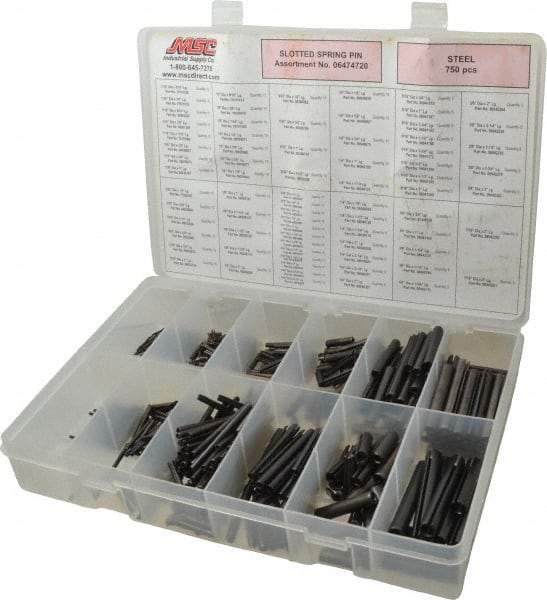 Made in USA - 750 Piece, 1/16 to 7/16" Pin Diam, Spring Pin Assortment - Steel - Apex Tool & Supply