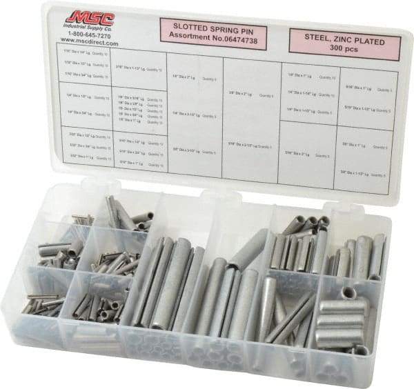 Made in USA - 300 Piece, 1/16 to 3/8" Pin Diam, Spring Pin Assortment - Zinc, Zinc Plated - Apex Tool & Supply