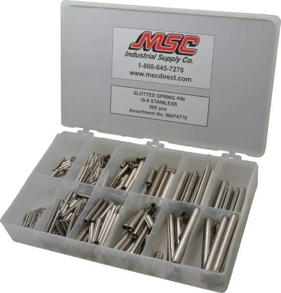 Made in USA - 500 Piece, 1/16 to 7/16" Pin Diam, Spring Pin Assortment - 18-8 Stainless Steel - Apex Tool & Supply