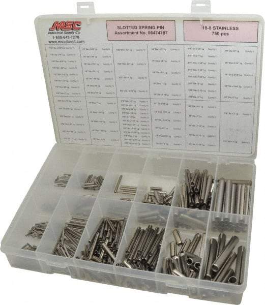 Made in USA - 750 Piece, 1/16 to 7/16" Pin Diam, Spring Pin Assortment - 18-8 Stainless Steel - Apex Tool & Supply