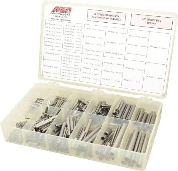 Made in USA - 500 Piece, 1/16 to 7/16" Pin Diam, Spring Pin Assortment - 420 Stainless Steel - Apex Tool & Supply