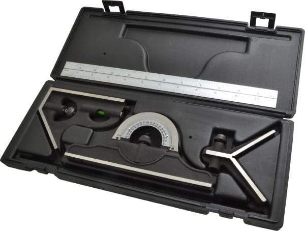 TESA Brown & Sharpe - 4 Piece, 12" Combination Square Set - 1/16, 1/32, 1/64 & 1/8" (4R) Graduation, Hardened Steel Blade, Hardened Steel Center, Protractor & Square Head - Apex Tool & Supply