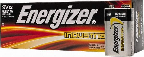 Energizer - Size 9V, Alkaline, 12 Pack, Standard Battery - 9 Volts, Miniature Snap Terminal, 6LR61, ANSI, IEC Regulated - Apex Tool & Supply