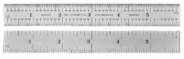 PEC Tools - 36" Long, 1/100, 1/64, 1/32, 1/10" Graduation, Rigid Steel Rule - 5R Graduation Style, 1-1/4" Wide, Silver, Satin Chrome Finish - Apex Tool & Supply