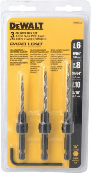 DeWALT - 3 Piece, 0.13 to 0.19" Head Diam, 77 to 83° Included Angle, Single End Countersink Set - Apex Tool & Supply