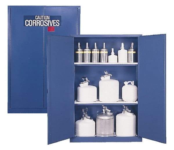 Eagle - 2 Door, 2 Shelf, Blue Steel Standard Safety Cabinet for Corrosive Chemicals - 65" High x 43" Wide x 18" Deep, Manual Closing Door, 3 Point Key Lock, 45 Gal Capacity - Apex Tool & Supply
