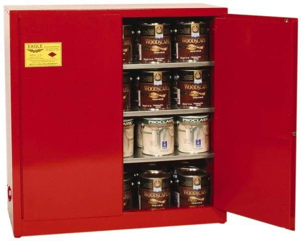 Eagle - 2 Door, 3 Shelf, Red Steel Standard Safety Cabinet for Flammable and Combustible Liquids - 44" High x 43" Wide x 18" Deep, Manual Closing Door, 3 Point Key Lock, 40 Gal Capacity - Apex Tool & Supply