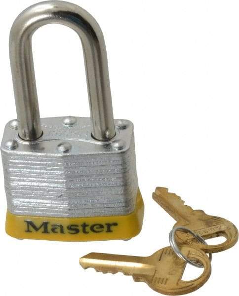 Master Lock - Keyed Alike Retaining Key Conductive Lockout Padlock - 1-1/2" Shackle Clearance, 9/32" Shackle Diam, 1-1/4" Body Height x 1-9/16" Body Width, Yellow, 4 Pins - Apex Tool & Supply