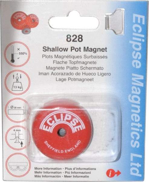 Eclipse - 1-1/2" Diam, 28.5 Lb Average Pull Force, Mild Steel, Alnico Pot Magnets - 0.339" Countersunk Hole, 220°C Max Operating Temp, 0.407" High, Grade 5 Alnico - Apex Tool & Supply