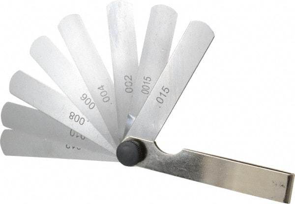 Value Collection - 9 Piece, 0.0015 to 0.015" Thick, Parallel Feeler Gage Set - 3" Leaf Length, 1/2" Wide, Tempered Steel - Apex Tool & Supply