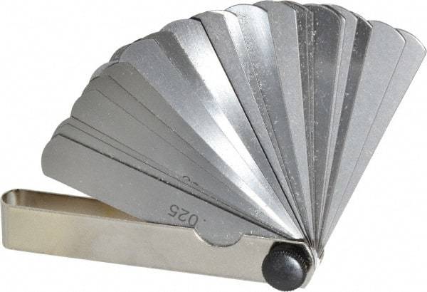 Value Collection - 26 Piece, 0.002 to 0.025" Thick, Parallel Feeler Gage Set - 3" Leaf Length, 1/2" Wide, Tempered Steel - Apex Tool & Supply