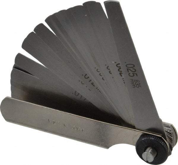 PEC Tools - 26 Piece, 0.0015 to 0.025" Thick, Tapered Feeler Gage Set - 3" Leaf Length, 0.3333" Wide, Tempered Steel - Apex Tool & Supply