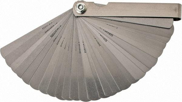 Value Collection - 26 Piece, 0.0015 to 0.025" Thick, Feeler Gage Set - 3" Leaf Length, 1/2" Wide, Tempered Steel - Apex Tool & Supply