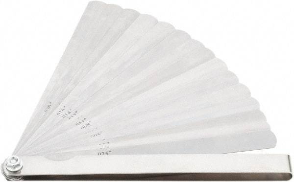 Value Collection - 15 Piece, 0.002 to 0.025" Thick, Feeler Gage Set - 6" Leaf Length, 1/2" Wide, Tempered Steel - Apex Tool & Supply
