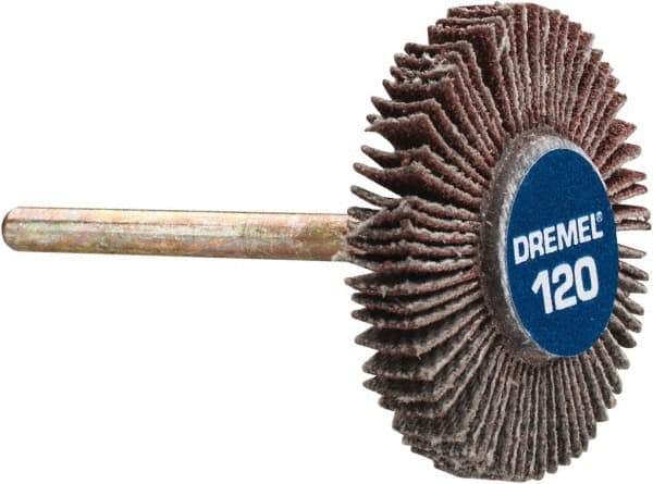 Dremel - 3/16" Diam, Fine Aluminum Oxide Coated Mounted Flap Wheel - 1/8" Shank Mount, 120 Grit - Apex Tool & Supply