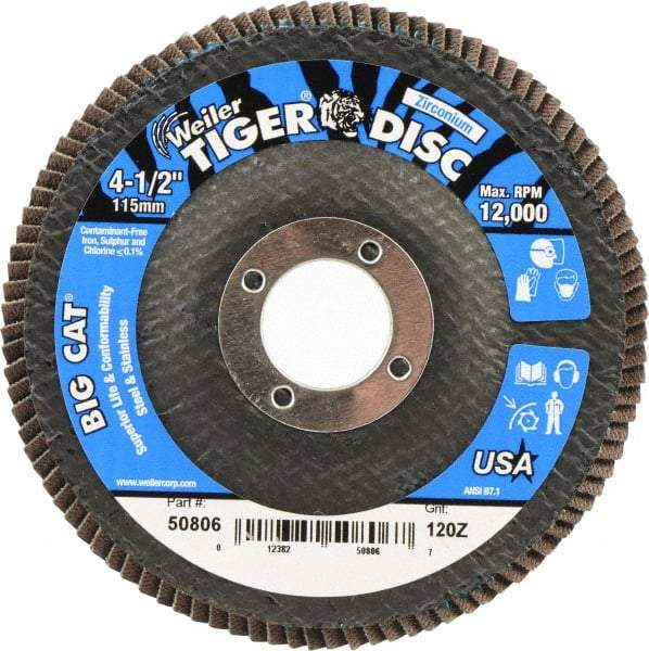Weiler - 120 Grit, 4-1/2" Disc Diam, 7/8" Center Hole, Type 27 Zirconia Alumina Flap Disc - 12,000 Max RPM, Phenolic Backing, Arbor Attaching System, Coated - Apex Tool & Supply