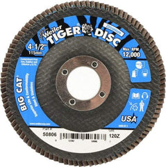 Weiler - 120 Grit, 4-1/2" Disc Diam, 7/8" Center Hole, Type 27 Zirconia Alumina Flap Disc - 12,000 Max RPM, Phenolic Backing, Arbor Attaching System, Coated - Apex Tool & Supply