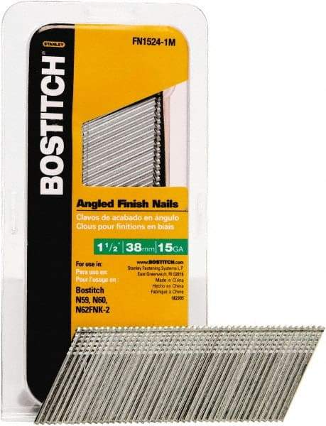 Stanley Bostitch - 15 Gauge 0.07" Shank Diam 1-1/2" Long Finishing Nails for Power Nailers - Steel, Bright Finish, Smooth Shank, Angled Stick Adhesive Collation, Round Head, Chisel Point - Apex Tool & Supply
